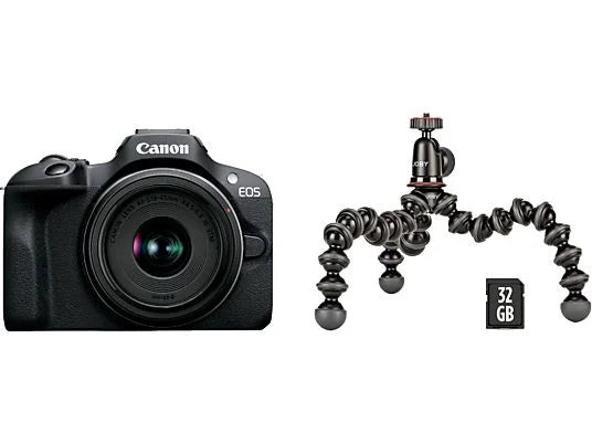Cámara EVIL - Canon EOS R100 + Objetivo RF-S 18-45mm + SD 32GB + Trípode Gorill, 24.1 megapíxel, 7.5 cm, Wi-Fi