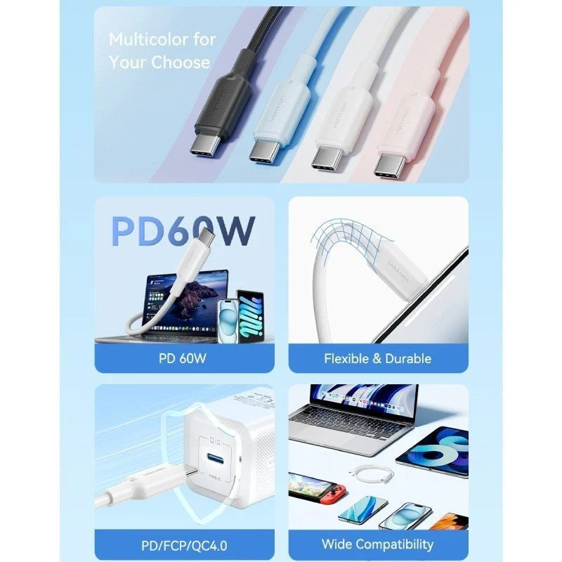 Cable USB 2.0 Tipo-C 3A Vention TRCSF/ USB Tipo-C Macho - USB Tipo-C Macho/ Hasta 60W/ 480Mbps/ 2m/ Azul