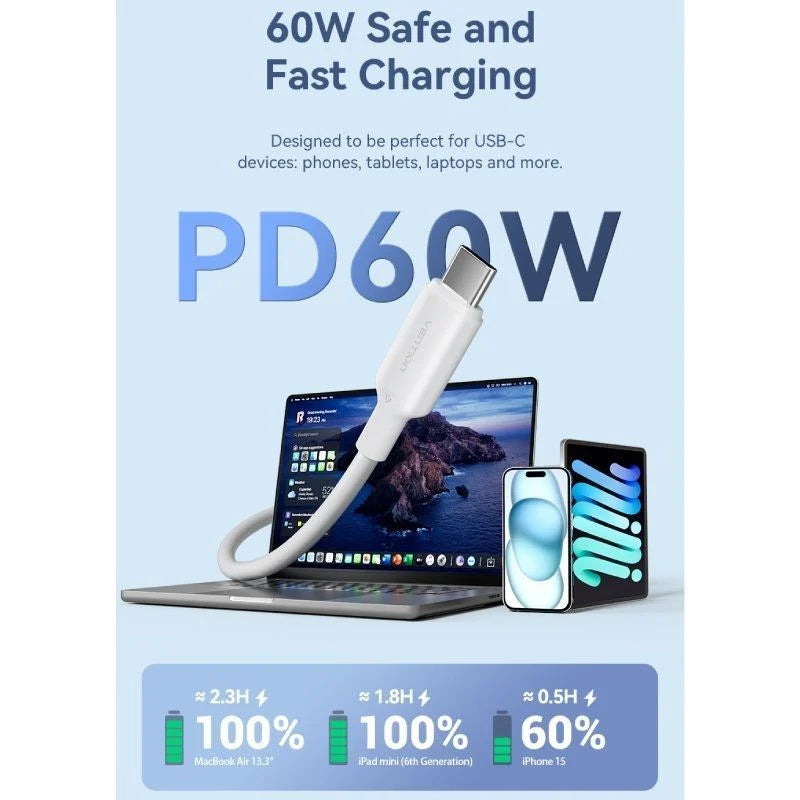 Cable USB 2.0 Tipo-C 3A Vention TRCSF/ USB Tipo-C Macho - USB Tipo-C Macho/ Hasta 60W/ 480Mbps/ 2m/ Azul