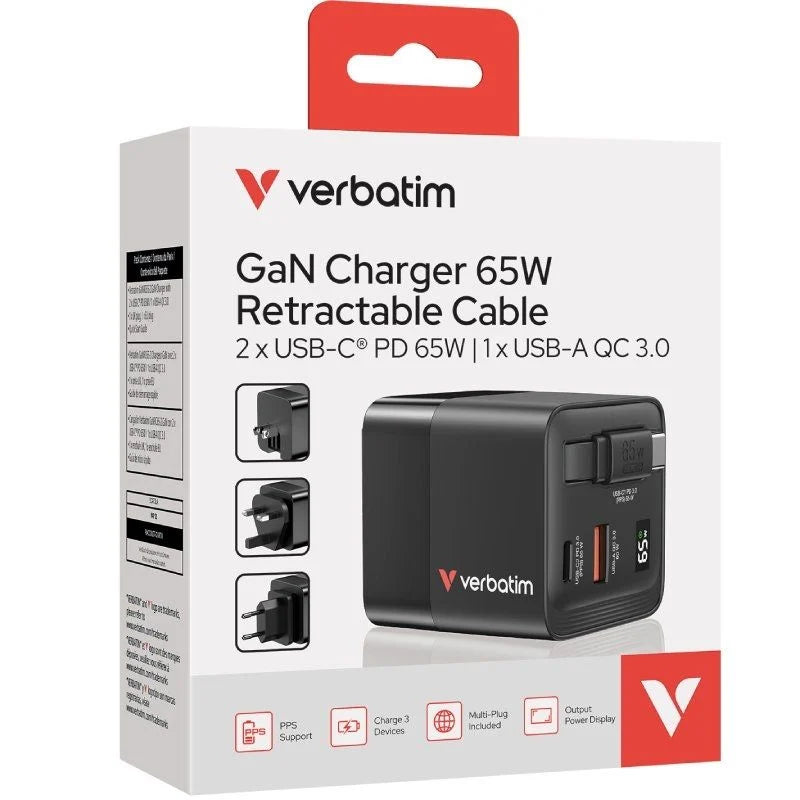 Cargador de Pared Universal GaN Verbatim GaN Charger/ 1xUSB Tipo-C/ 1xUSB/ 1xUSB Tipo-C Macho/ 65W