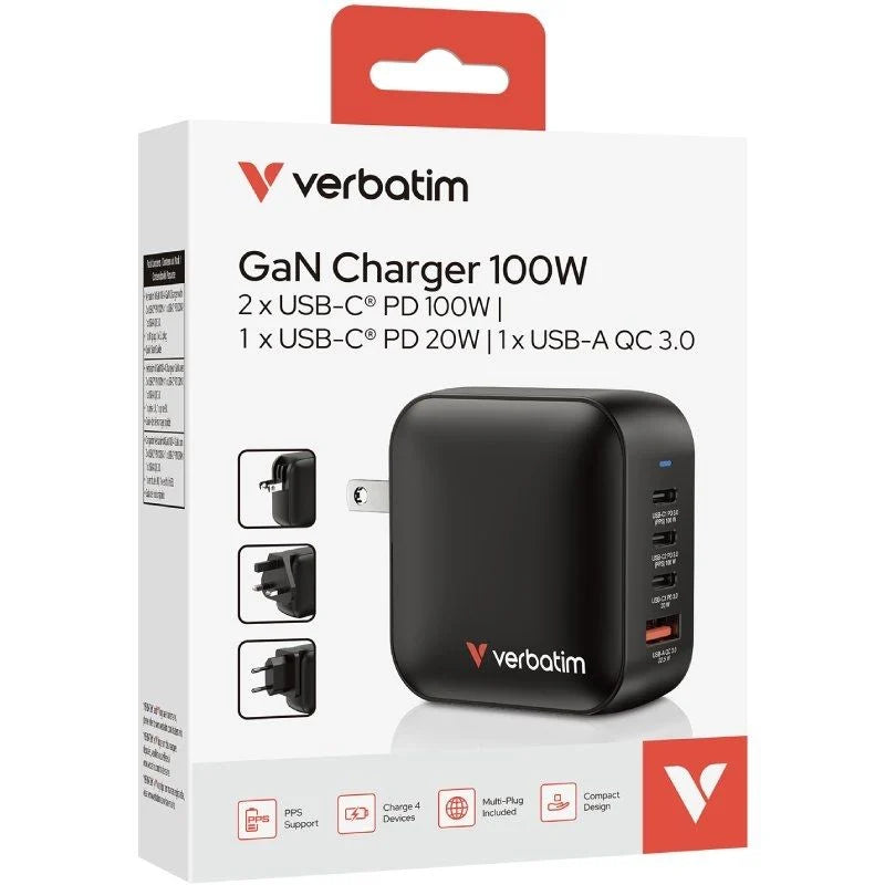 Cargador de Pared Universal GaN Verbatim Mini GaN Wall Charger/ 3xUSB Tipo-C/ 1xUSB/ 100W
